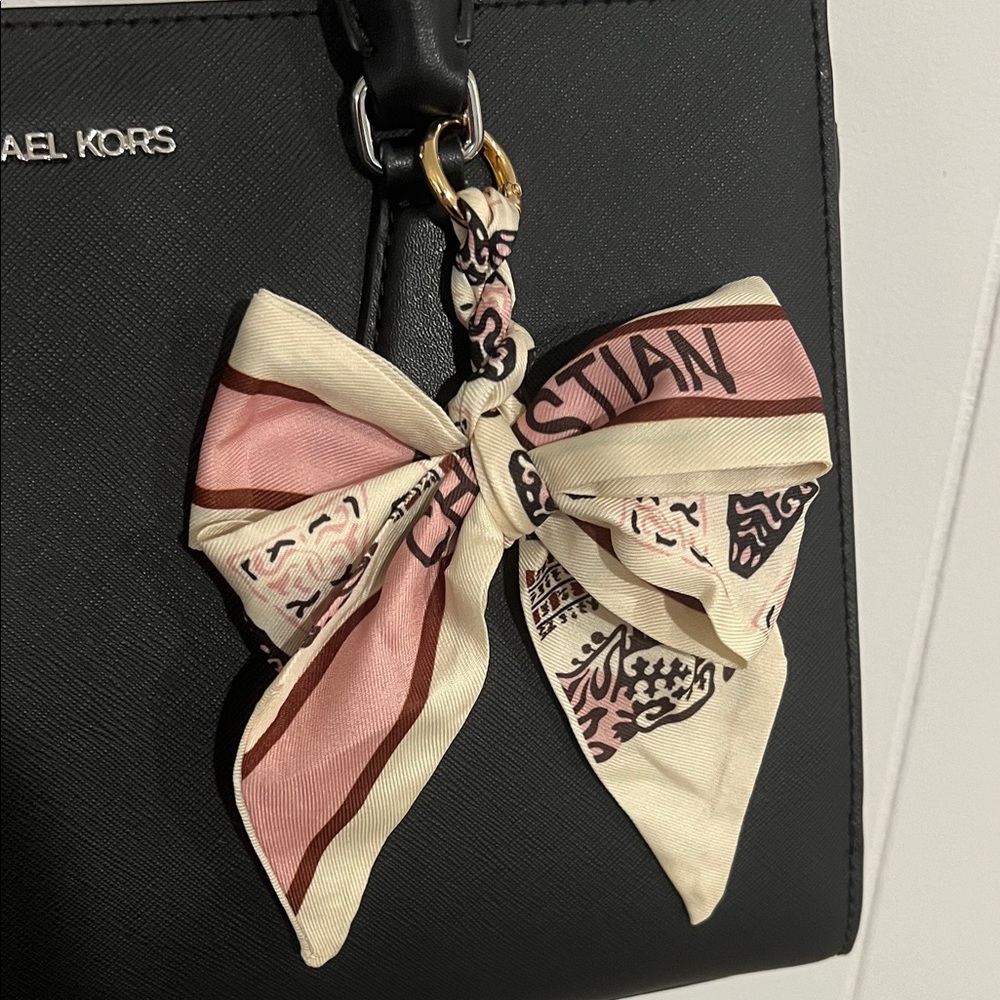 Inspired Cream, Pink and Brown Scarf Bow Bag Charm with O Ring Clip - Picture 2 of 5